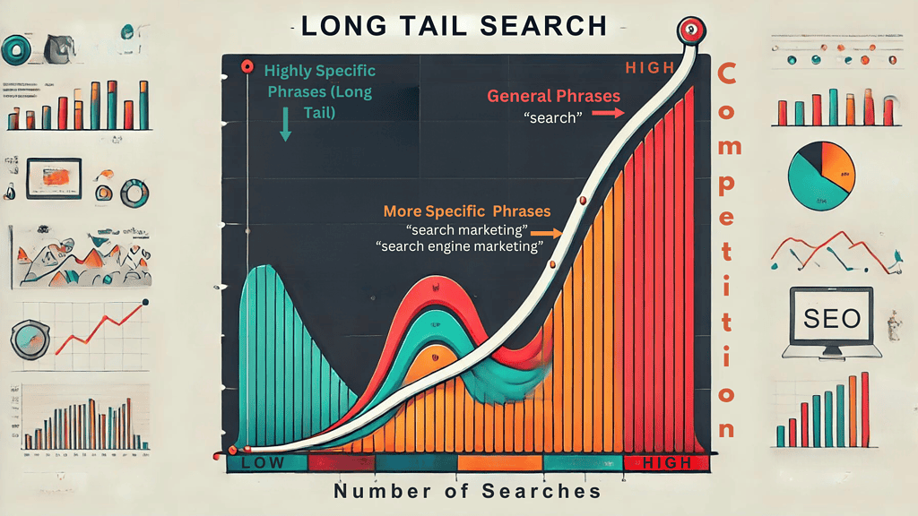 image diagram showing the difference between short-tail and long-tail keywords, emphasizing the benefits of long-tail keywords in SEO