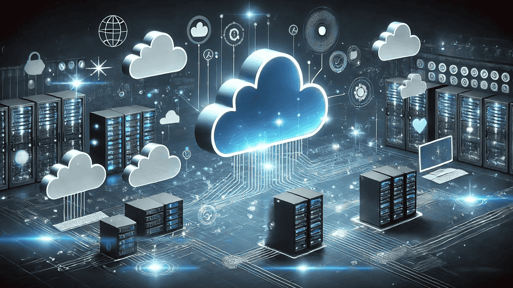 Servers and icons related to the internet and the cloud