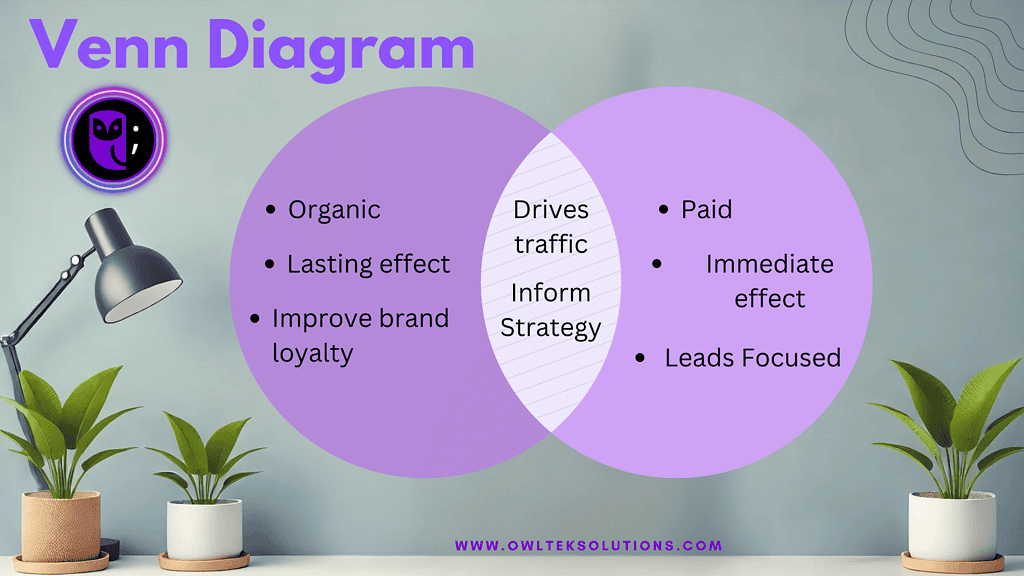 image  Venn diagram showing the overlapping benefits of SEO and SEM, highlighting how they complement each other.